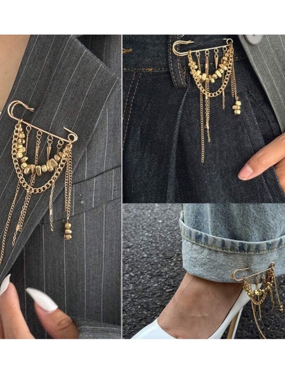 Anthropologie Gold Safety-Pin Style Brooch with Chains - Picture 4 of 4